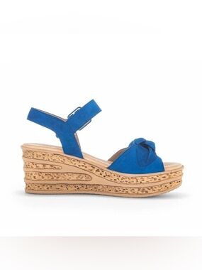 Gabor Blue Sapphire Sand Wedge Sandals with Blue Suede Knot Detail.  5 1/2/US 8.